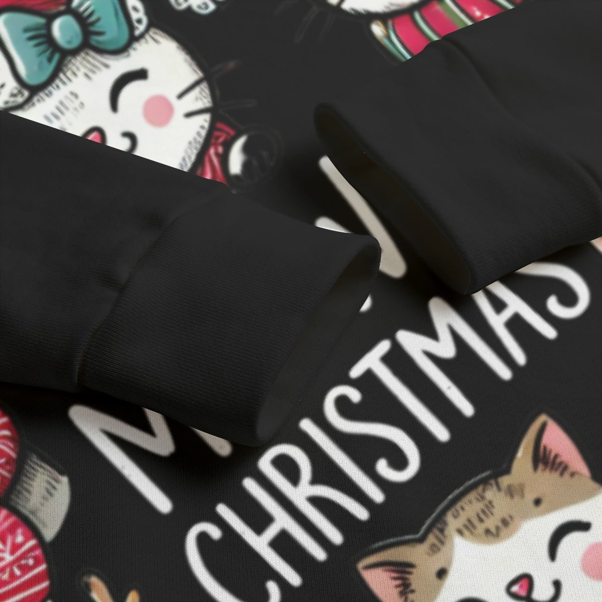 Black fabric with Christmas-themed design featuring cartoon cats and text.