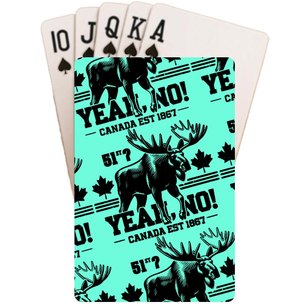 Playing cards with moose design and text on a white background