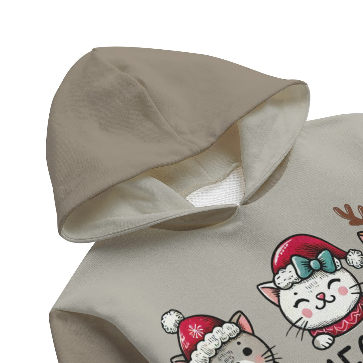 Beige hoodie with cartoon cat design on a white background