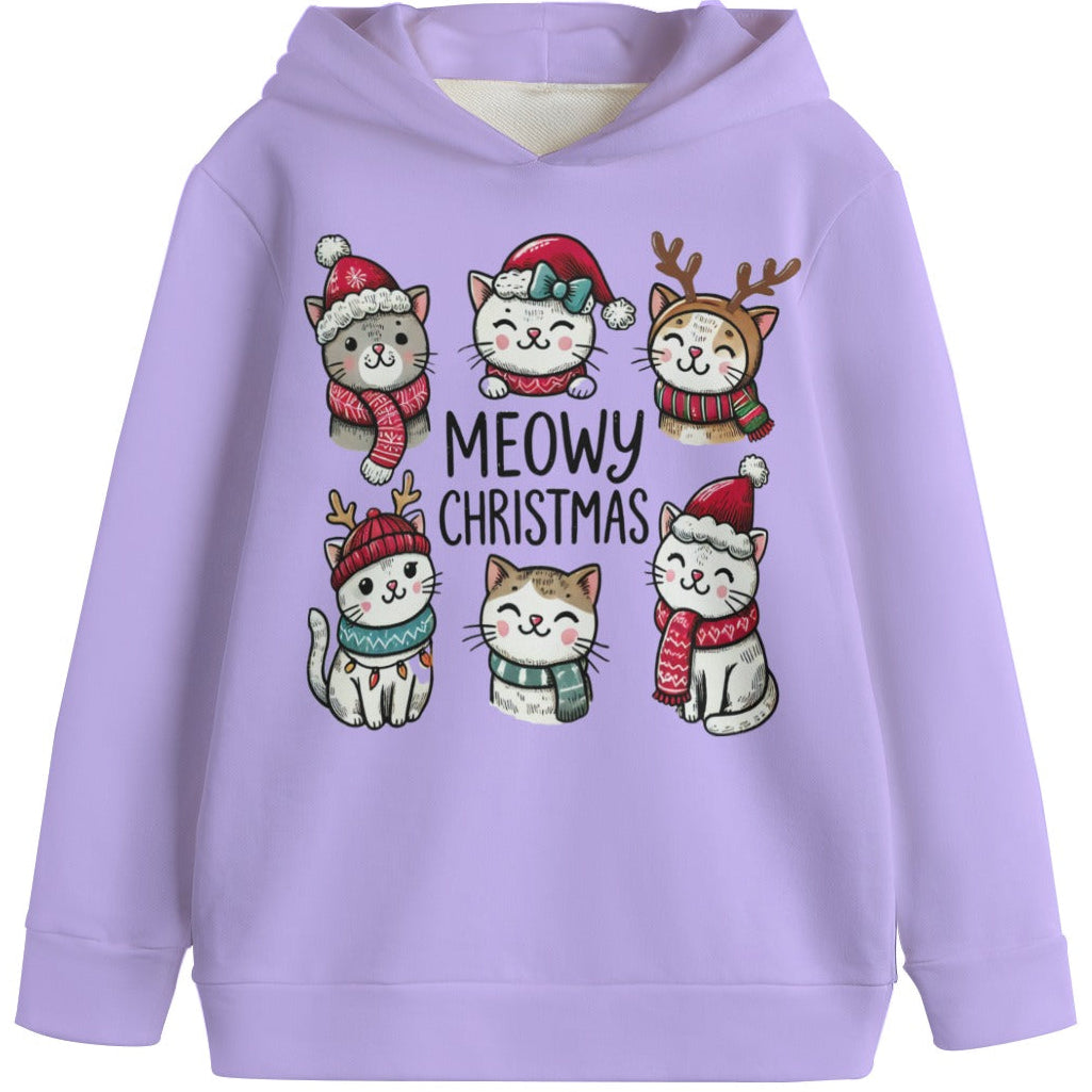 Purple hoodie with Christmas-themed cat graphics and text on a white background