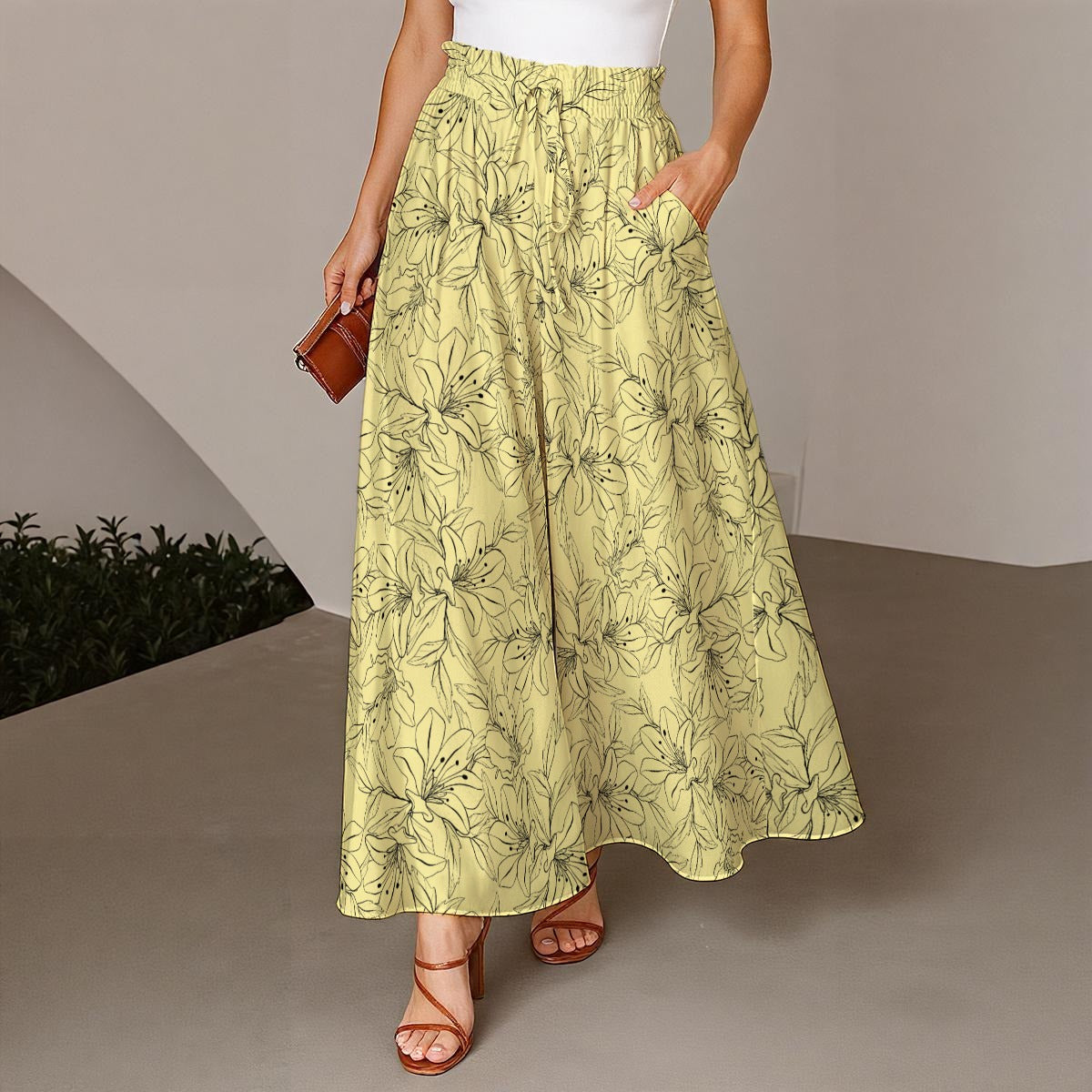 Spring Orchids Collection | Wide-Leg Palazzo Pants – Relaxed Stretch Trousers with Elastic Drawstring Waist