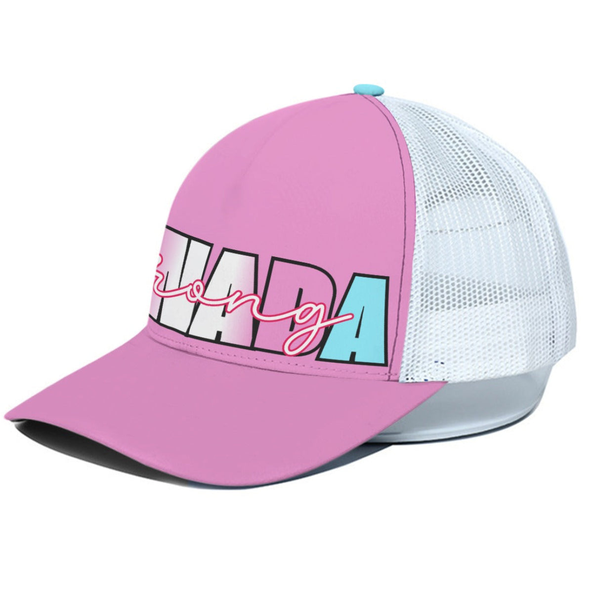 Pink and white cap with text on a white background