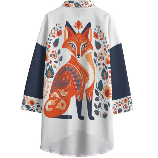 White shirt with a colorful fox design on a white background