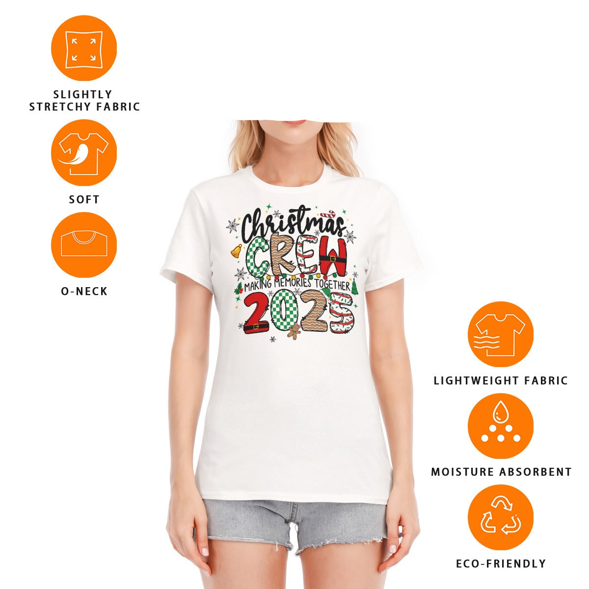 Woman wearing a white t-shirt with 'Christmas Crew 2023' design, surrounded by fabric feature icons on a white background.