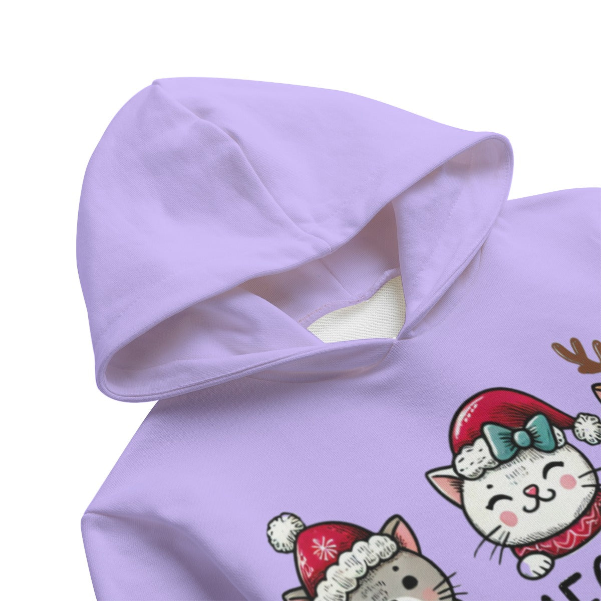 Lavender hoodie with cartoon cat and reindeer design on a white background
