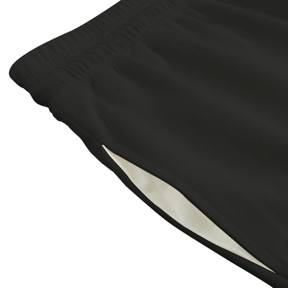 Close-up of the pocket in black sweatpants with a white lining on a white background
