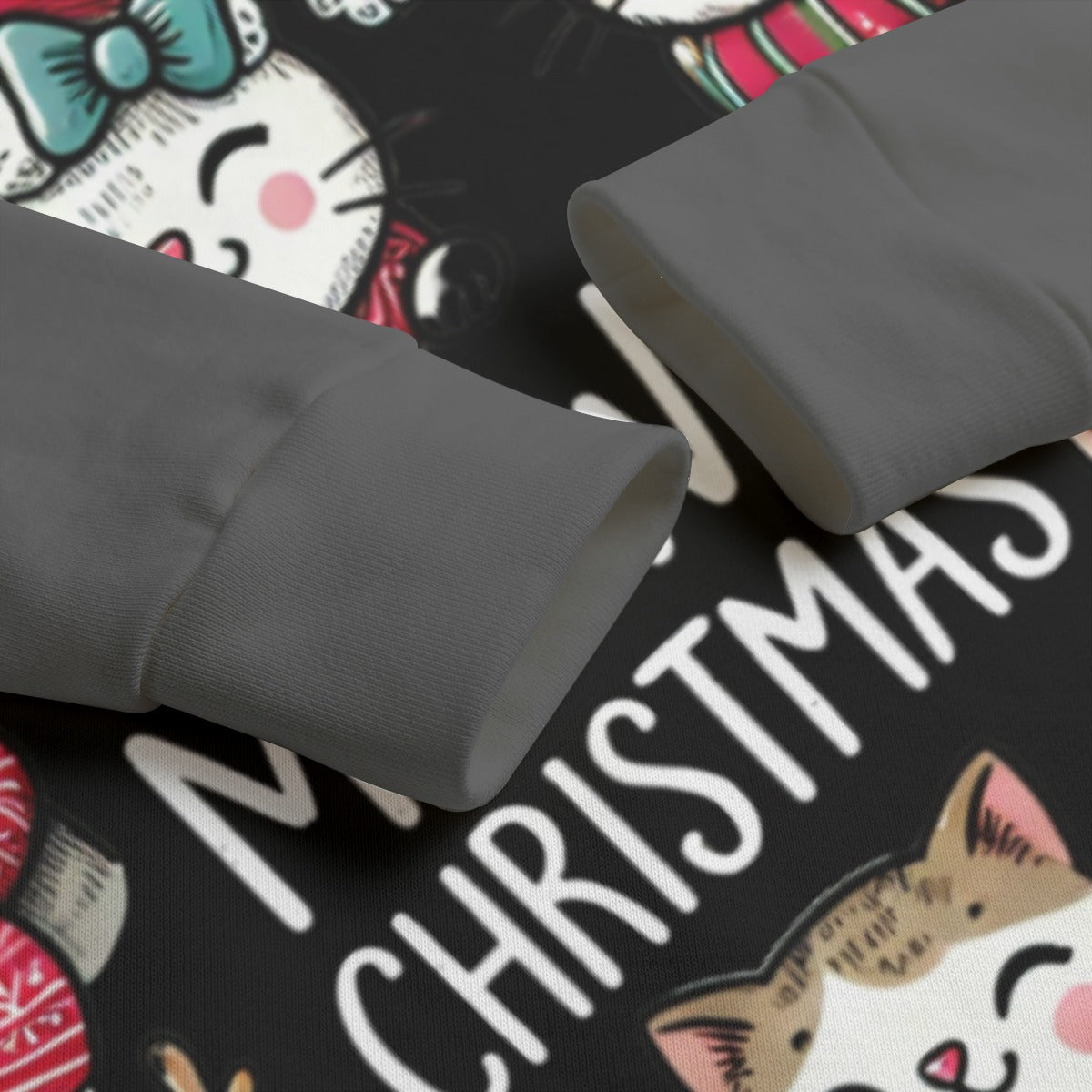 Gray sweatshirt with Christmas-themed design featuring cartoon cats and text.