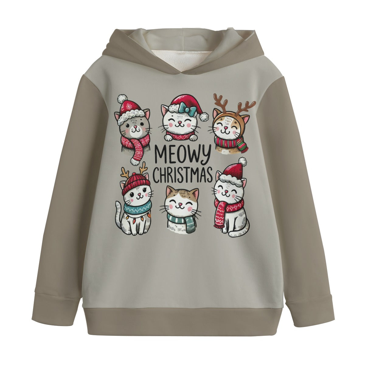 Beige hoodie with Christmas-themed cat illustrations and 'Meowy Christmas' text on a white background.