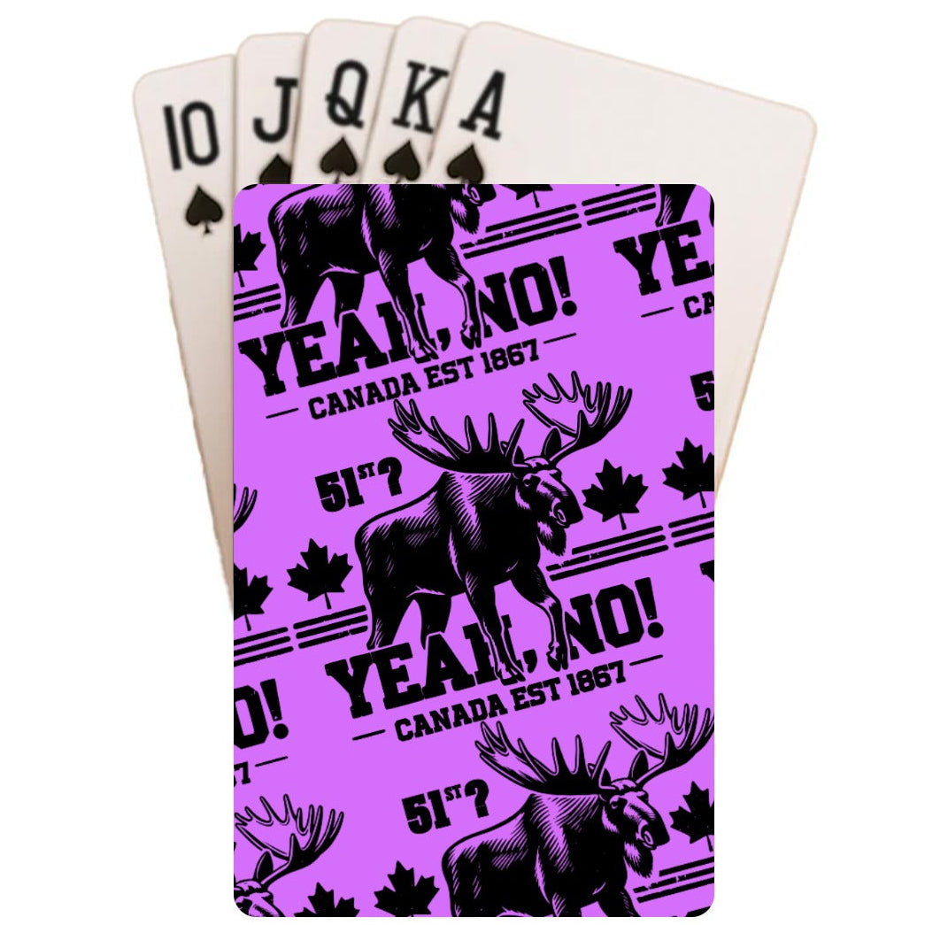 Playing cards with moose and text design on a purple background