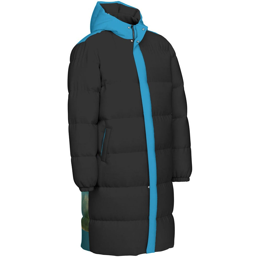 A long black puffer coat with bright blue accents on the hood, front zipper, and side pockets, shown against a plain white background.