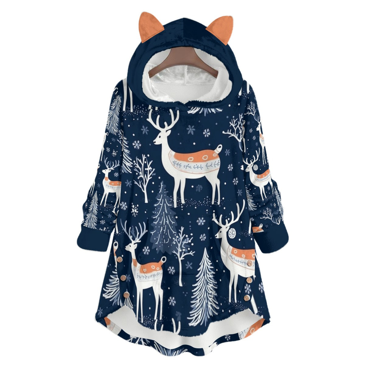 Navy blue hoodie with deer pattern on a white background