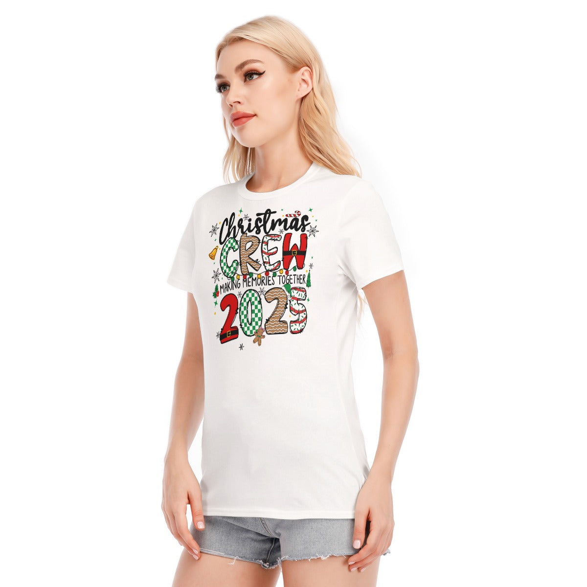 Woman wearing a white t-shirt with Christmas-themed text and graphics on a white background