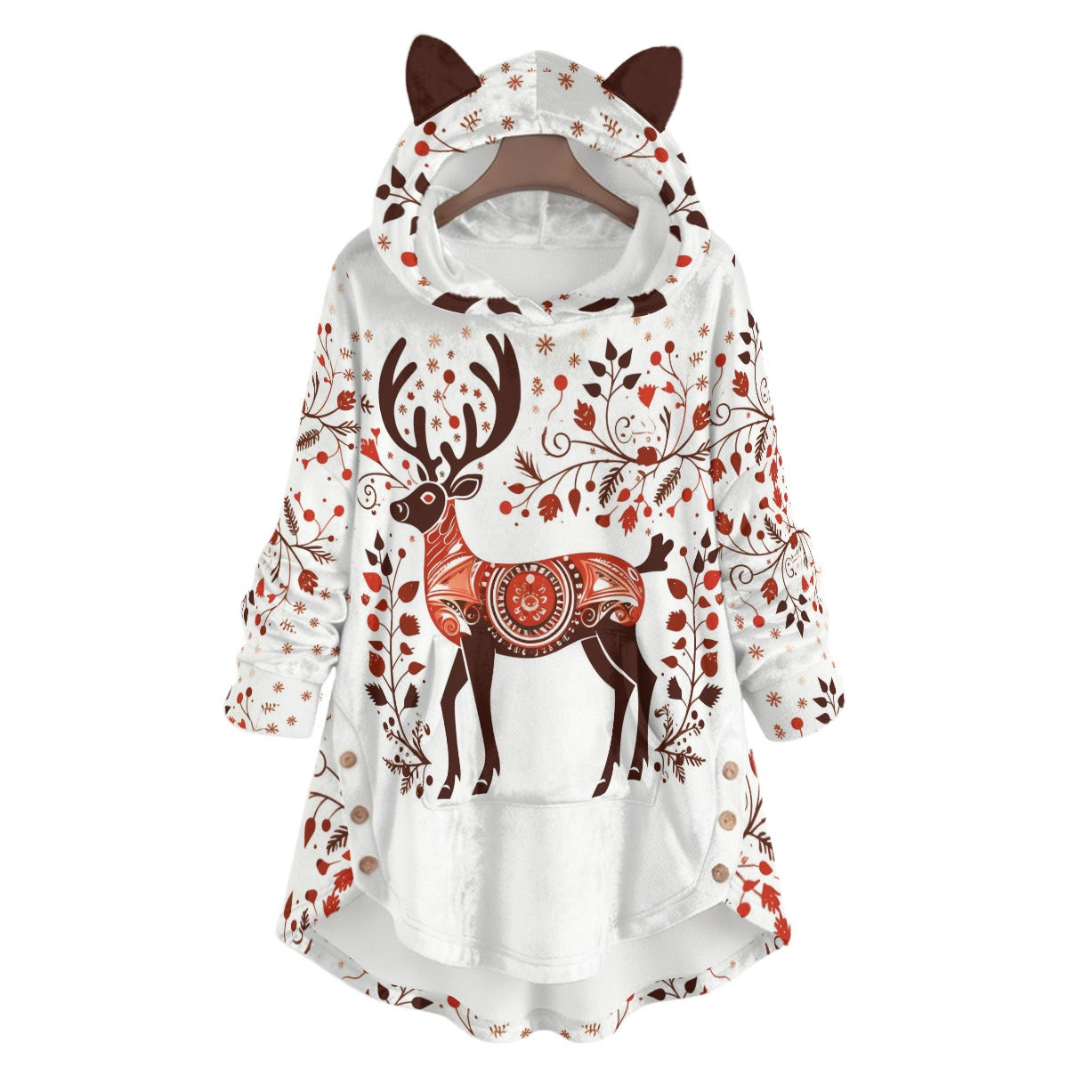 White hoodie with deer design and brown ears on a white background