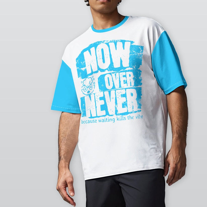 Person wearing a white and blue t-shirt with text on a plain background