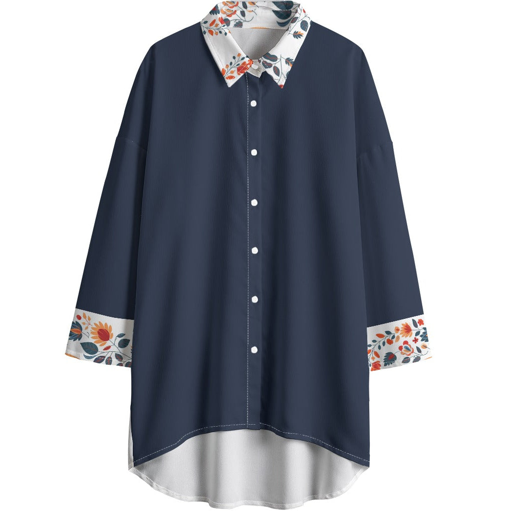 Navy blue shirt with floral cuffs and collar on a white background