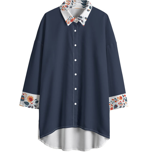Navy blue shirt with floral cuffs and collar on a white background