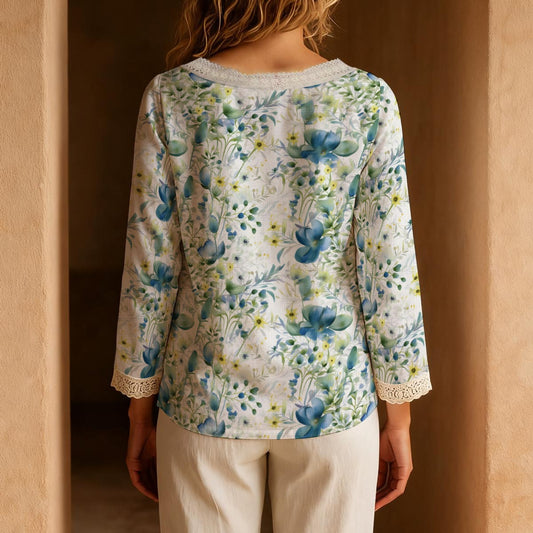 Blue-Teal Wildflowers | Women's Long-Sleeve Casual Top with Tie Collar | Lace Trim Blouse - Effortless Everyday Elegance