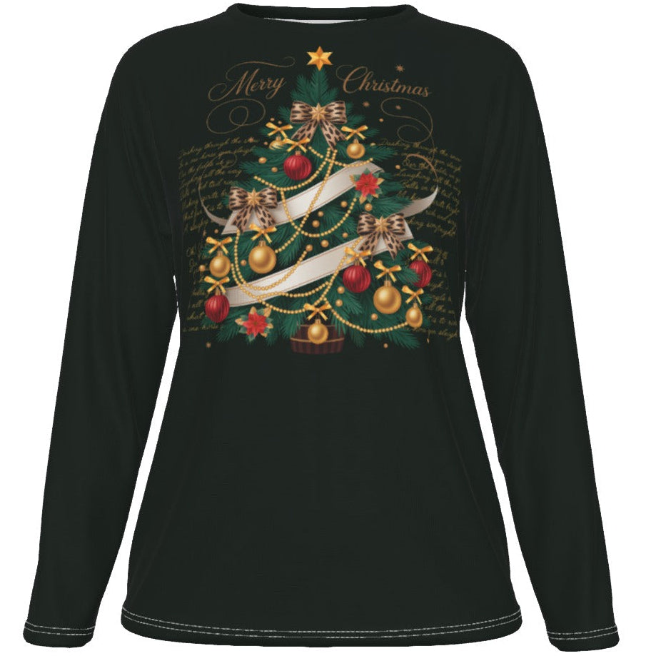 Black long-sleeve shirt with Christmas tree design on a white background