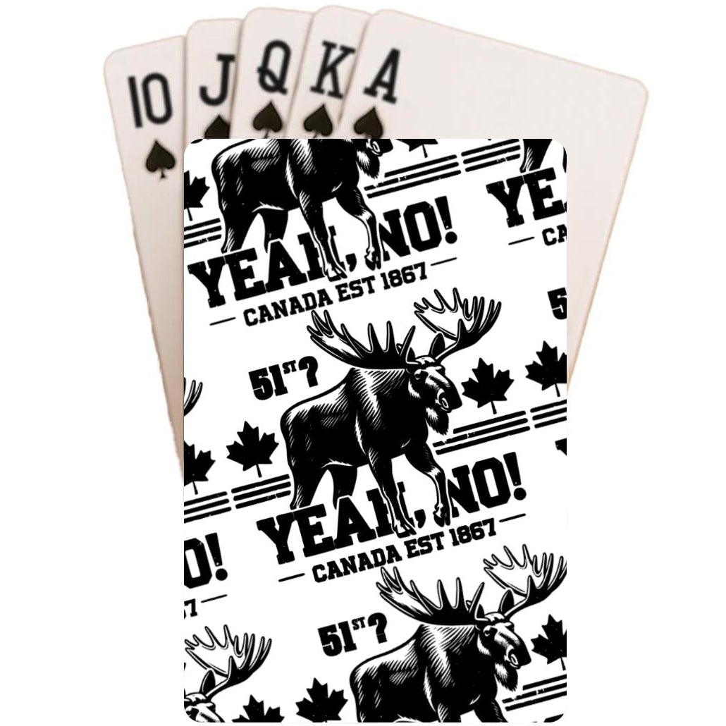 Playing cards with moose and text design on a white background