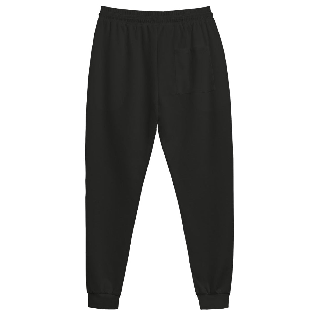Back of a pair of black jogger pants with an elastic waistband and ribbed ankle cuffs, shown flat against a white background.