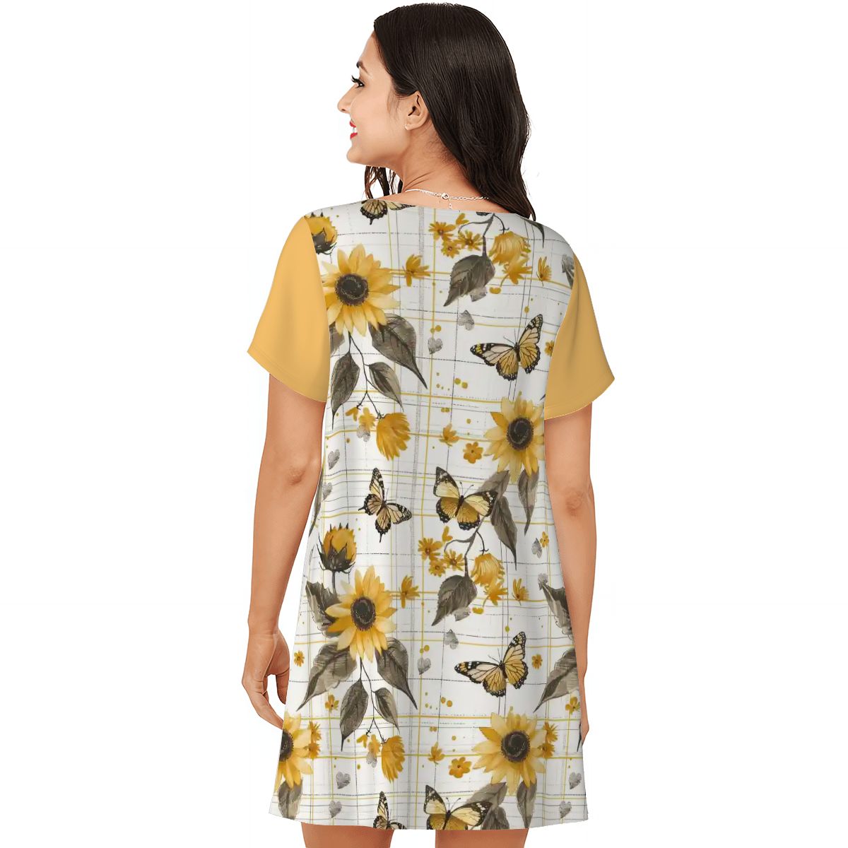 Sunflowers & Butterflies Plaid | Comfy Cotton-Feel Nightshirt Women’s Sleepwear – Soft and Easy to Wear