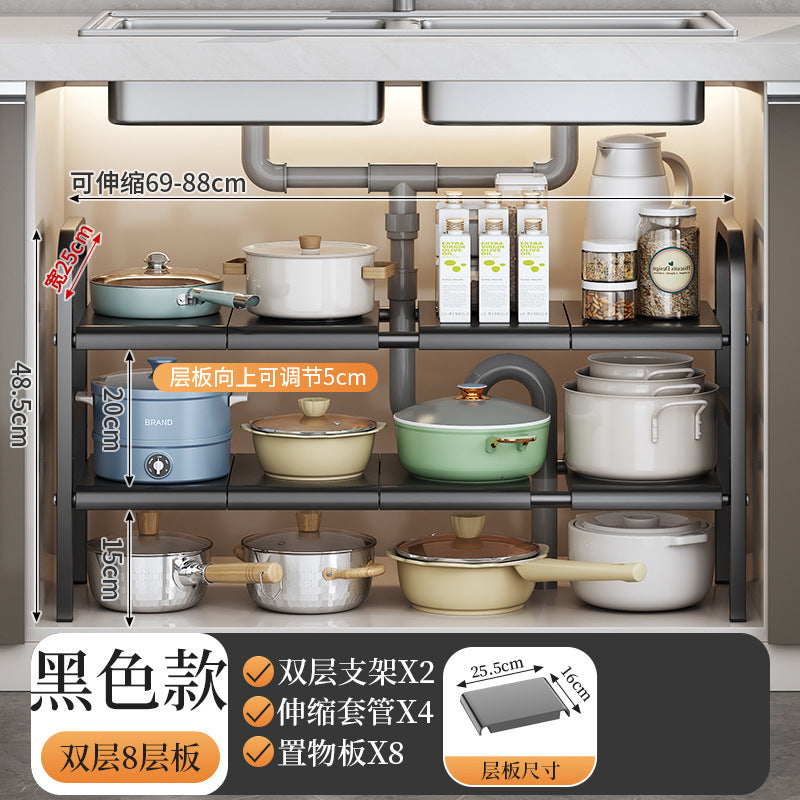Kitchen storage rack with pots and pans, showing dimensions and features.