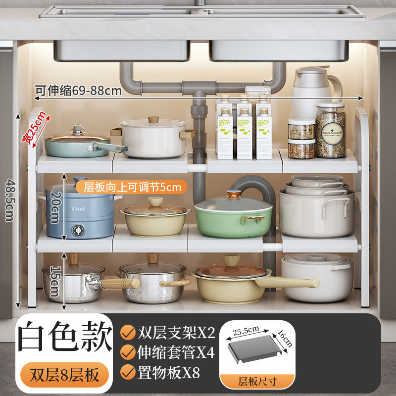 Kitchen storage rack with pots and pans on a white background