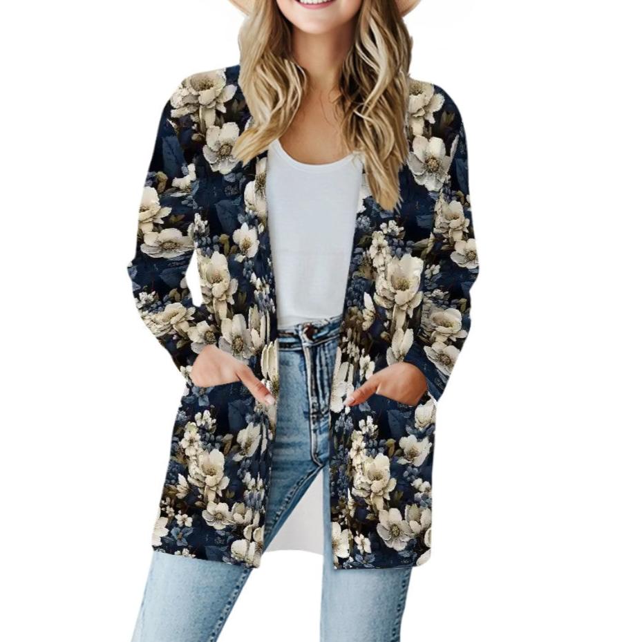 Wintery Florals - Women's Long-Sleeved Cardigan with Pockets - Soft, Stretchy & Stylish