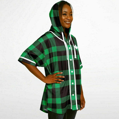 True North Strong & Free Green Plaid Hooded Baseball Jersey