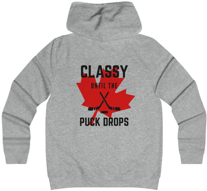 Classy Until The Puck Drops -  Woman's College Hoodie - Canadian Hockey Hooded Sweatshirt