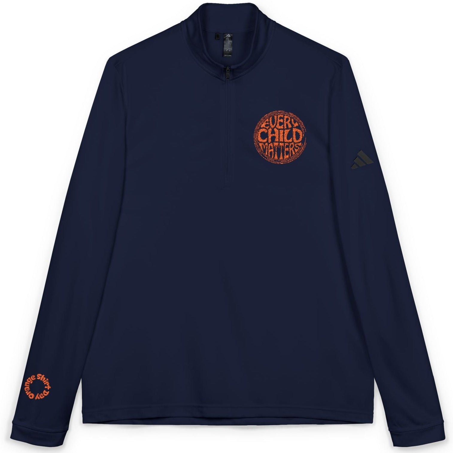 Navy long-sleeve shirt with orange and white text and logo on a white background