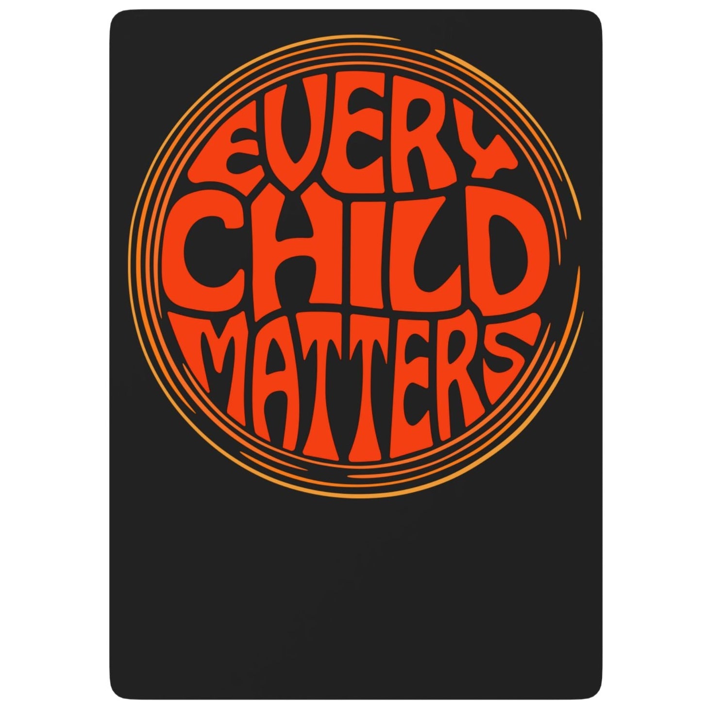 Black card with 'Every Child Matters' text in orange and red on a white background