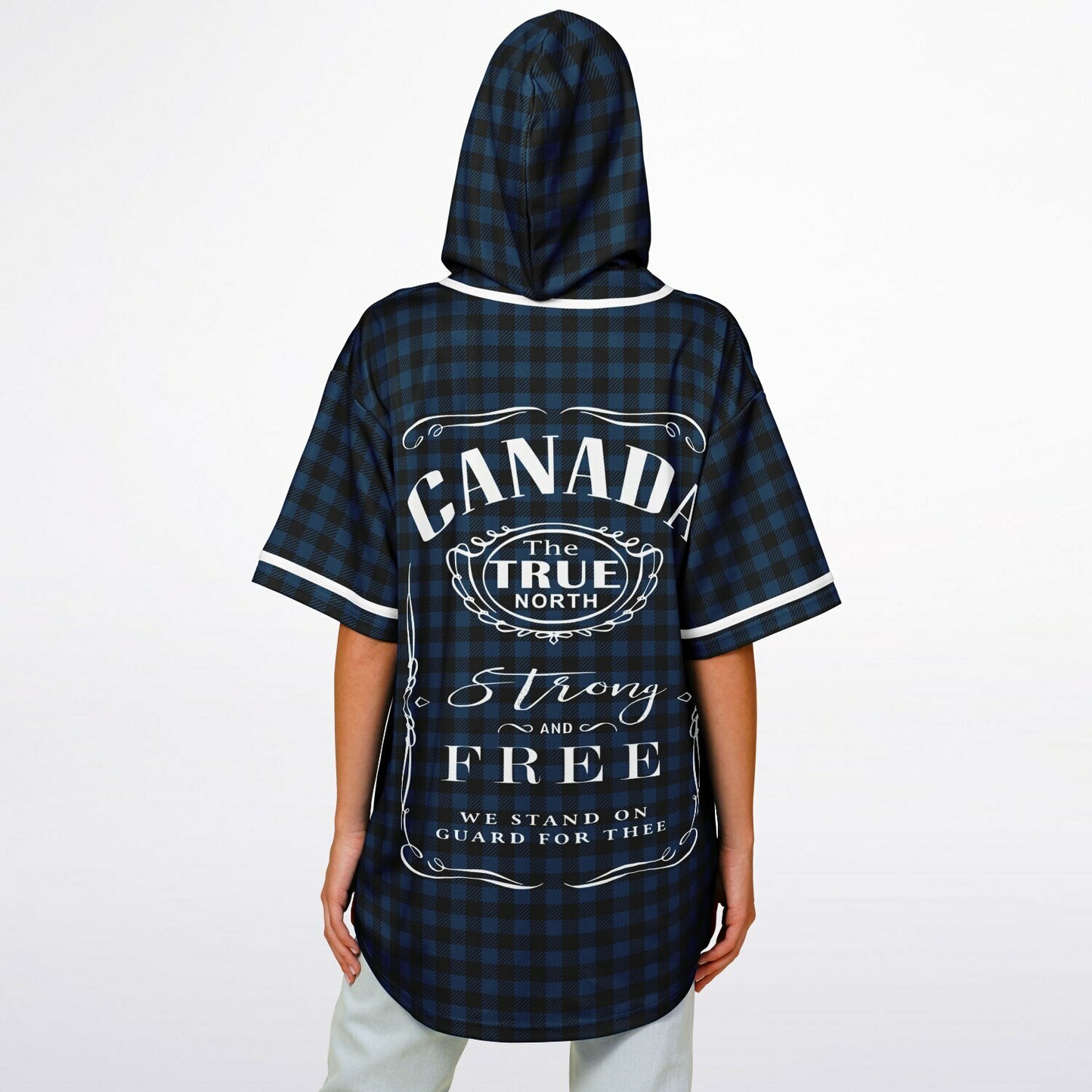 True North Strong and Free | Plaid Hooded Baseball Jersey - Navy