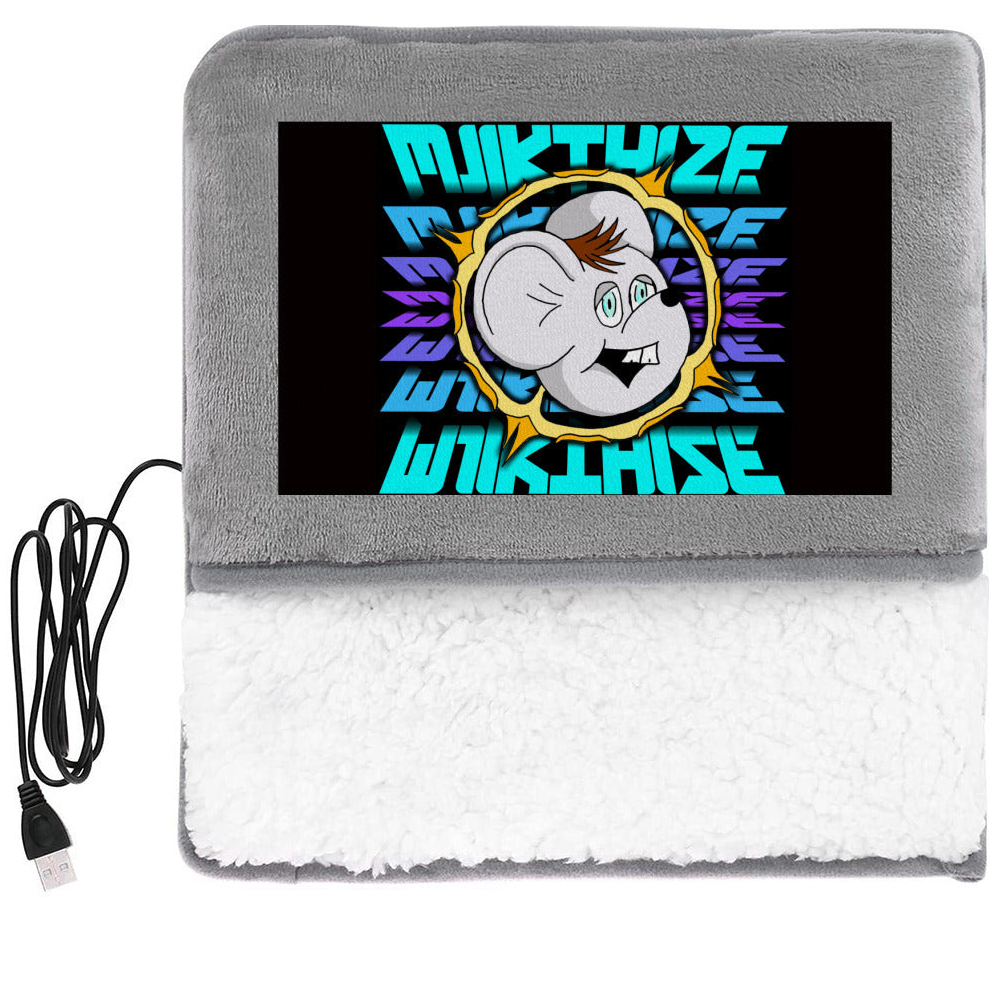 Gray heating pad with a cartoon character and colorful text on a black background, USB cable included.
