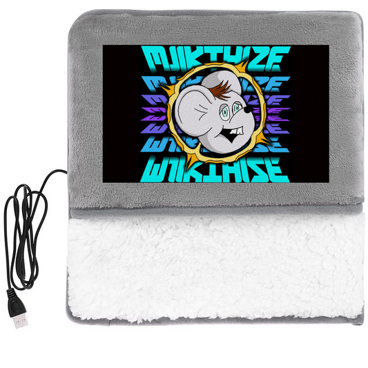 Gray heating pad with a cartoon character and colorful text on a black background, USB cable included.