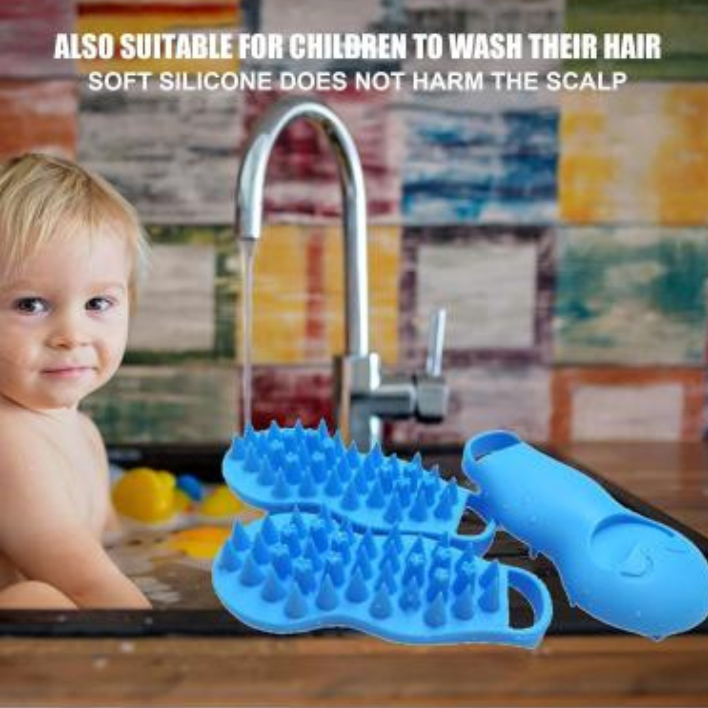 Blue silicone hair washing brush for children next to a sink with a toddler in the background.