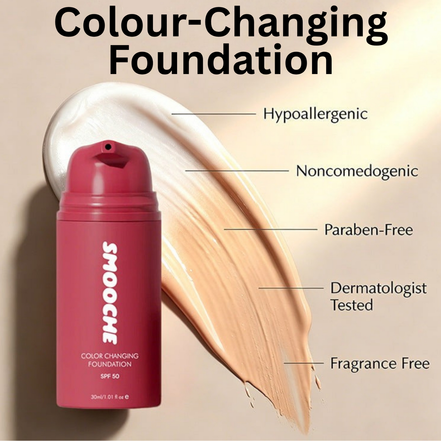 Smooche colour-changing foundation bottle with swatch and text highlighting features on a beige background