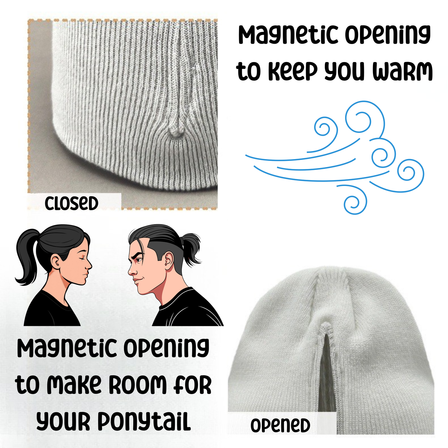 Gray knit beanie with magnetic opening feature, showing closed and opened positions, and text explaining its function.