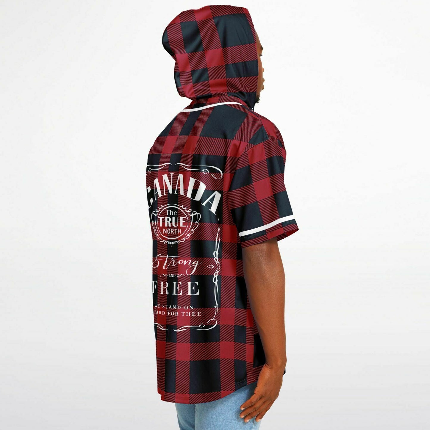 True North Strong and Free Red Plaid Hooded Baseball Jersey