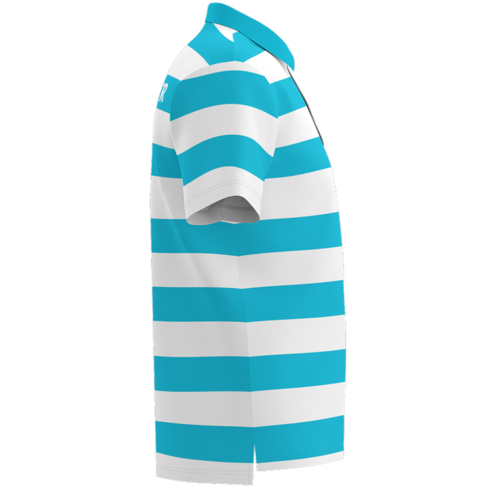 Blue and white striped polo shirt on a white background