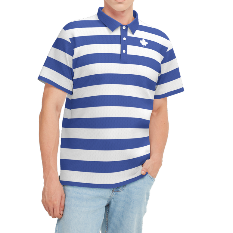 Man wearing a blue and white striped polo shirt on a white background