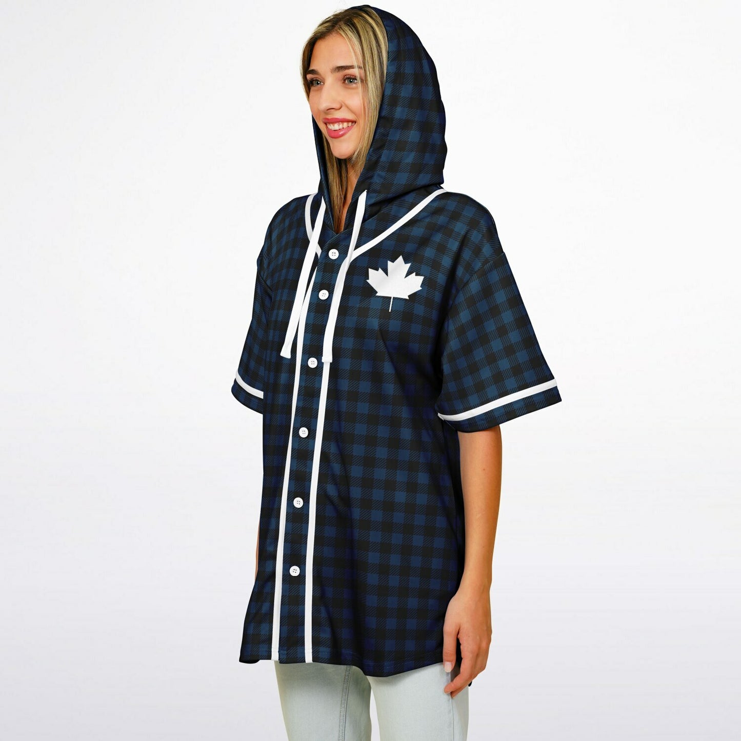 True North Strong and Free | Plaid Hooded Baseball Jersey - Navy