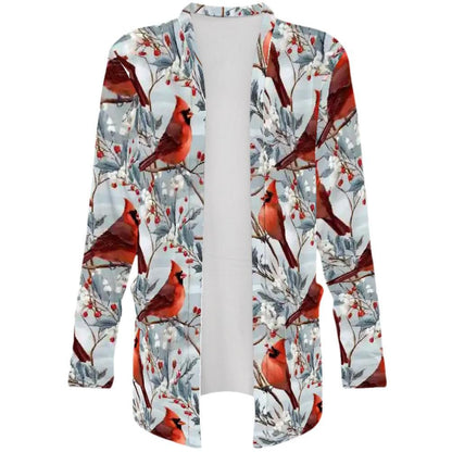 Winter Cardinals - Women's Long-Sleeved Cardigan with Pockets - Soft, Stretchy & Stylish