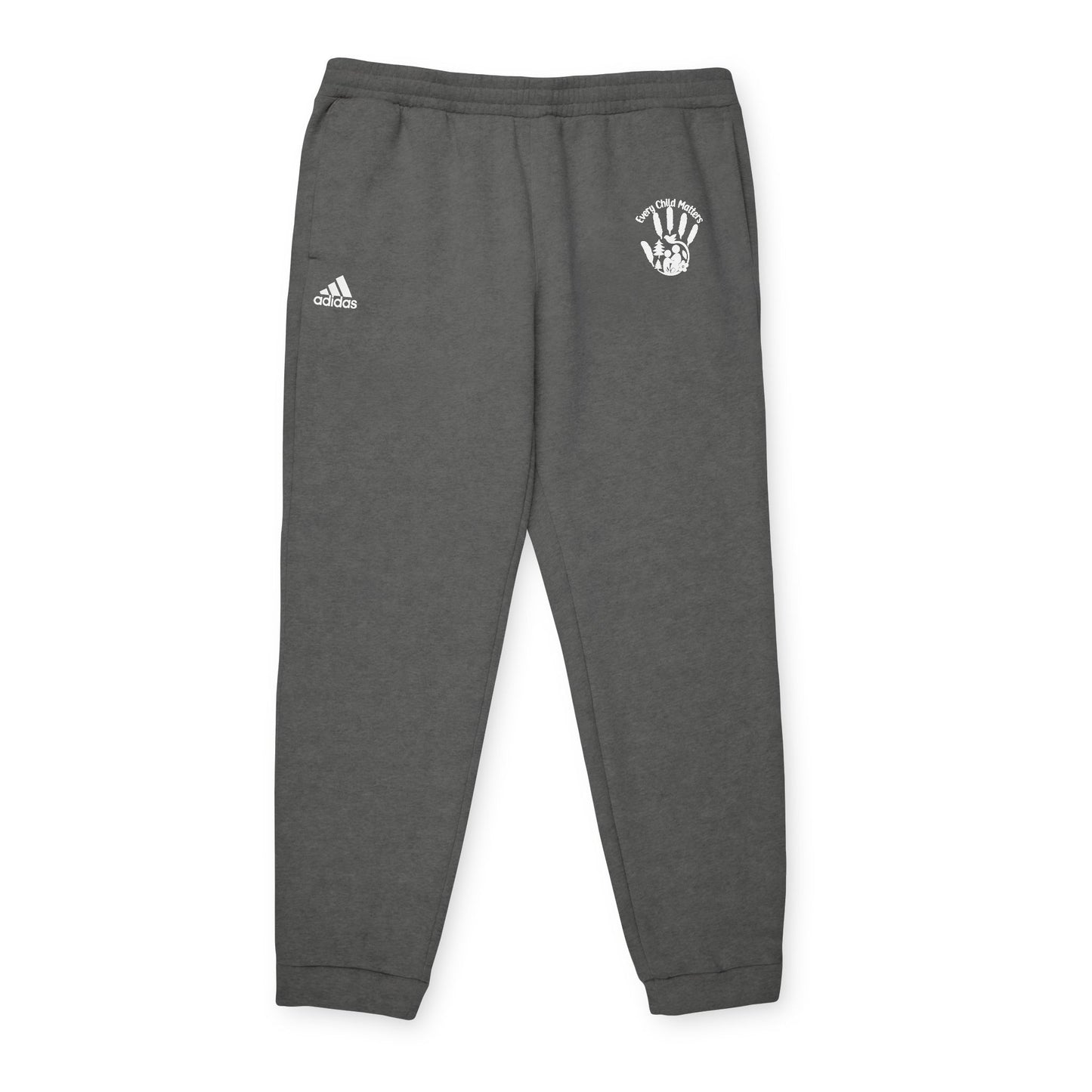 Gray sweatpants with Adidas logo on a white background