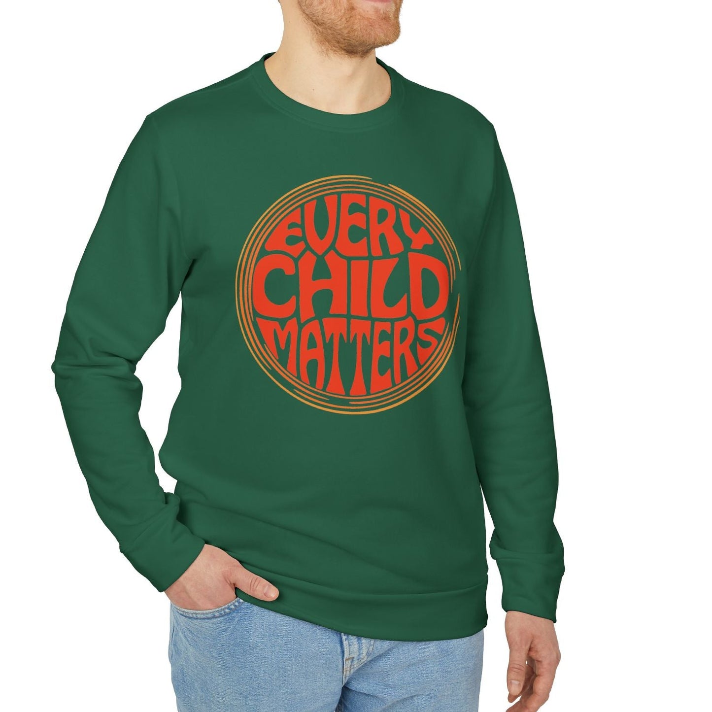 Man wearing a green long-sleeve shirt with 'Every Child Matters' text on a white background