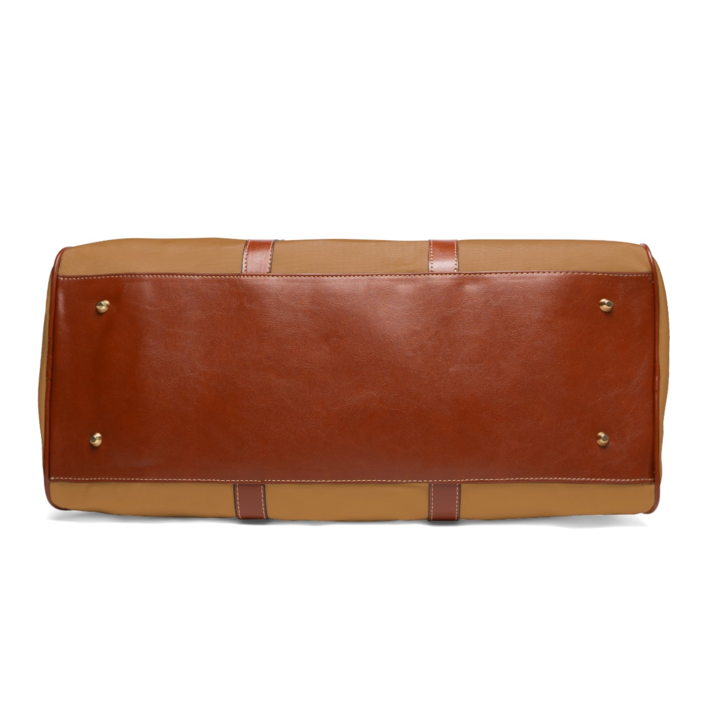 Brown leather duffel bag with gold rivets on a white background