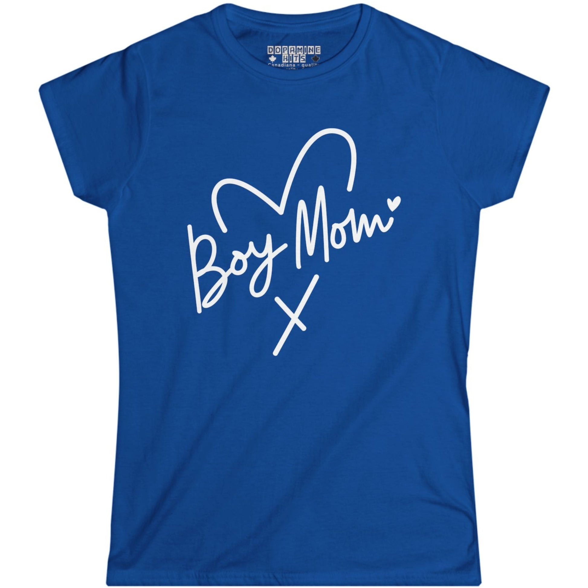 royal Blue t-shirt with 'Boy Mom' text on a white background