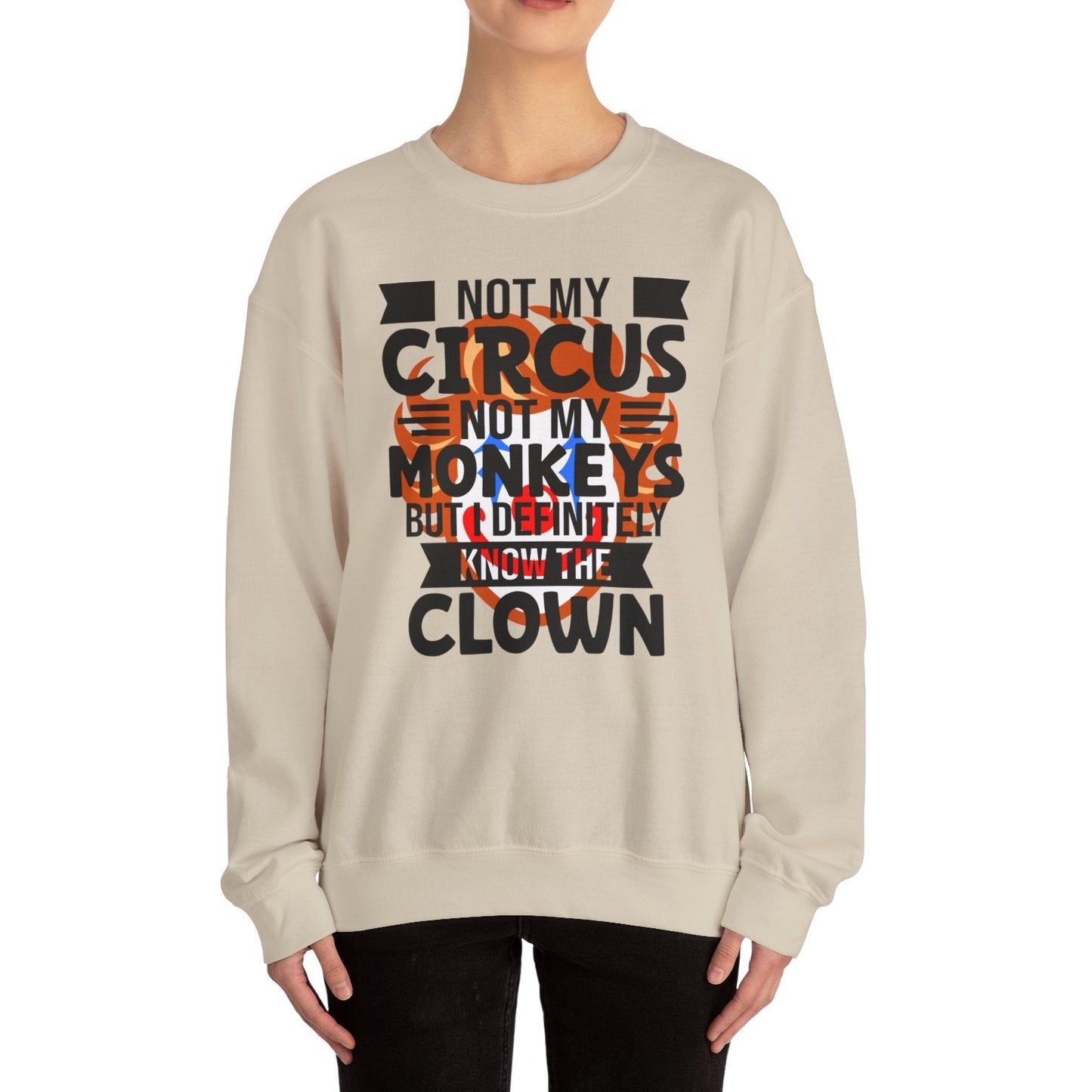 Person wearing a beige sweatshirt with text design on a white background