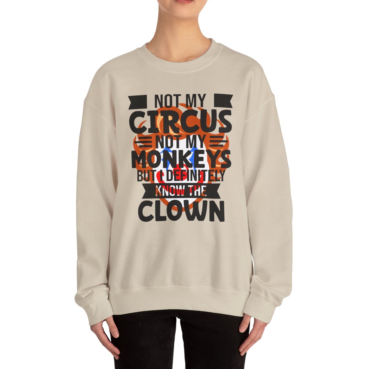 Person wearing a beige sweatshirt with text design on a white background