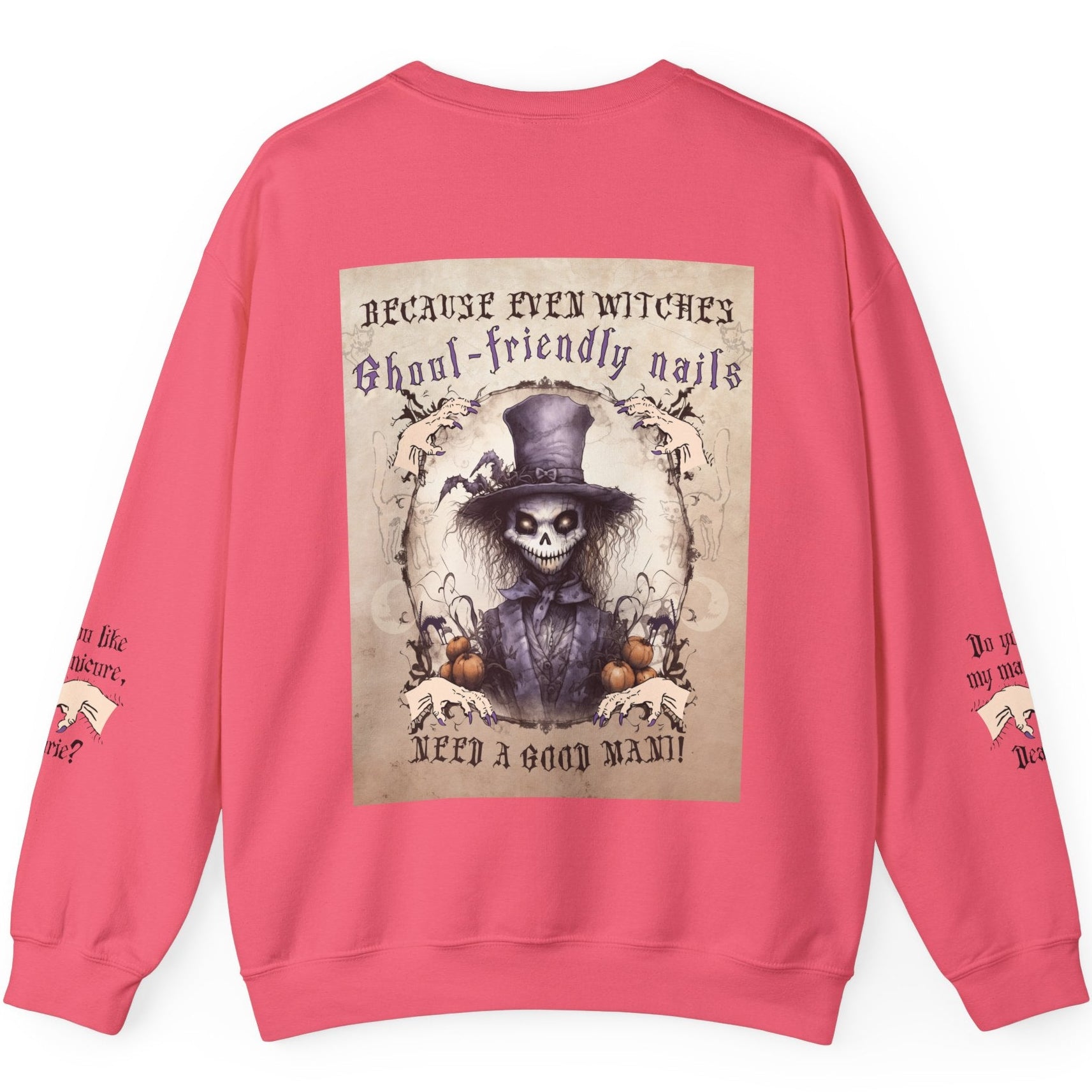 Pink sweatshirt with a skeleton graphic and text on the back, on a white background
